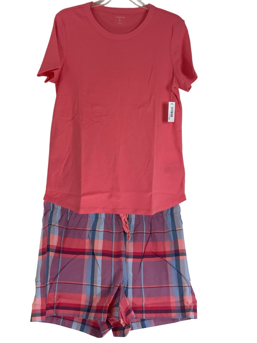Amazon Essentials Women’s Pajama Set Large Coral Salmon Pink Plaid Poplin Shorts